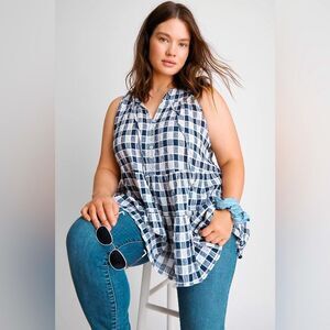 Anthropologie Pilcro Neve Tiered Windowpane Print  Blouse in Blue Motif  L NWOT